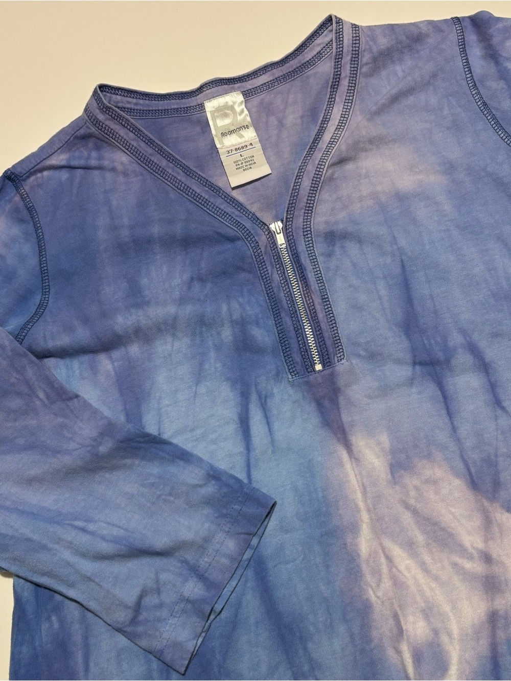 Roaman’s Blue & White Tie Dye Quarter Zip Cotton Tunic Top